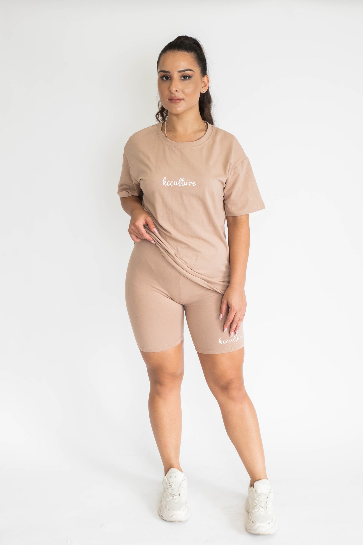 Classic Oversized Tee and Bike Short Set - Latte